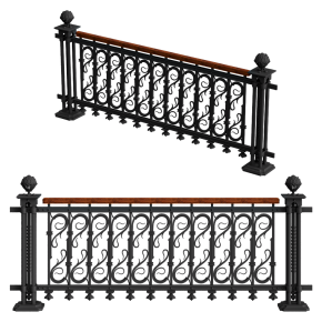 Wrought-iron railing with a wooden handrail.