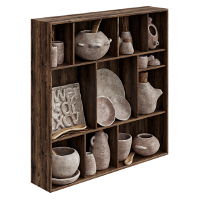 A wooden shelf with clay dishes