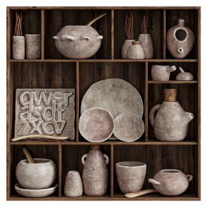 A wooden shelf with clay dishes