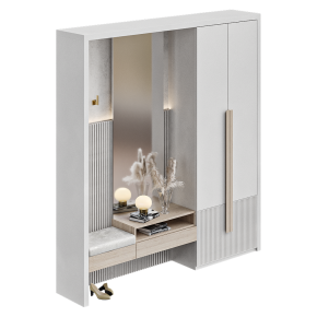 A light-colored hallway wall unit with a mirror.
