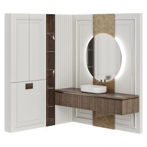 Corner bathroom design in stone with a wall-mounted vanity.
