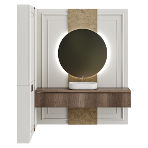 Corner bathroom design in stone with a wall-mounted vanity.