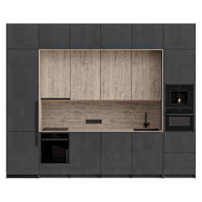 Beige straight kitchen with appliances and lighting.