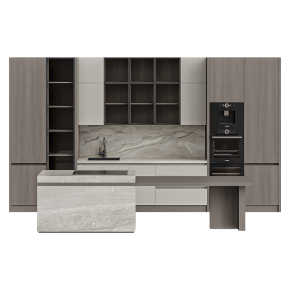 Кухня бежево-коричневая со встроенной техникой и островом