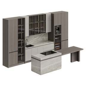 Кухня бежево-коричневая со встроенной техникой и островом