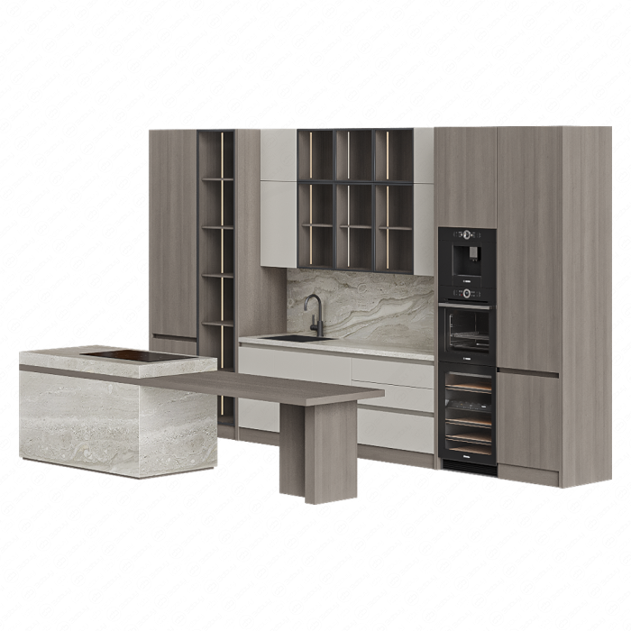 Кухня бежево-коричневая со встроенной техникой и островом