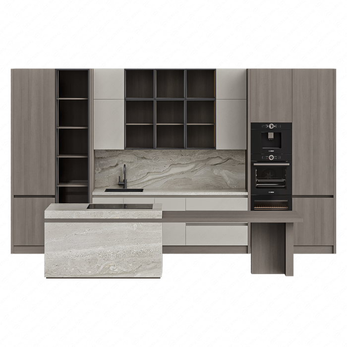 Кухня бежево-коричневая со встроенной техникой и островом