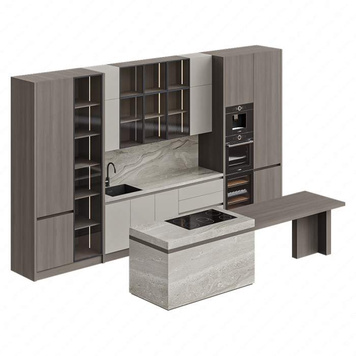 Кухня бежево-коричневая со встроенной техникой и островом