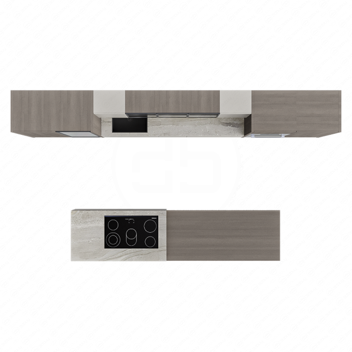 Кухня бежево-коричневая со встроенной техникой и островом