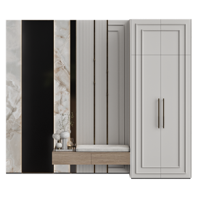 Neoclassical-style entryway with hooks, a shoe cabinet, and a mirror No. 2.