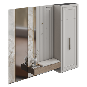 Neoclassical-style entryway with hooks, a shoe cabinet, and a mirror No. 2.