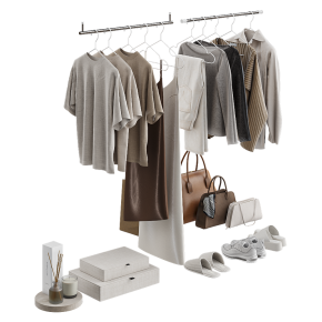 A set of clothes and bags for a wardrobe.
