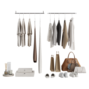 A set of clothes and bags for a wardrobe.