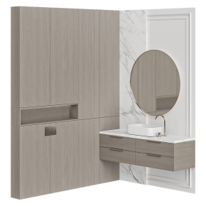 Corner bathroom design with a surface-mounted sink and mirror.