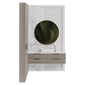 Corner bathroom design with a surface-mounted sink and mirror.