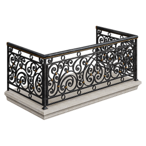 A classic balcony with a wrought-iron railing.