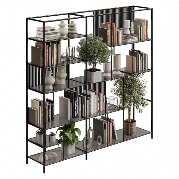 Полки металлические с книгами и цветами