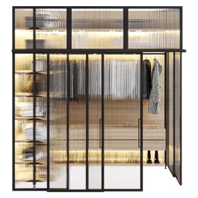 Walk-in wardrobe with lighting and glass partitions.