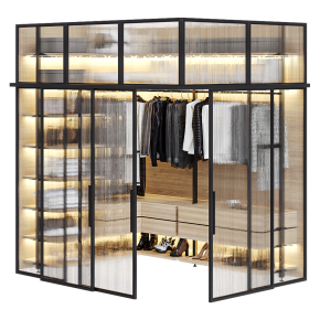 Walk-in wardrobe with lighting and glass partitions.