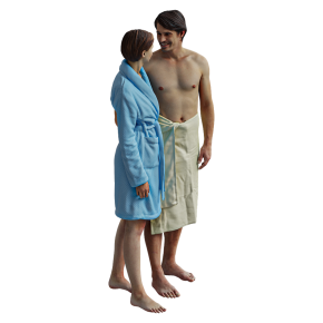 A guy with a girl in bathrobes.