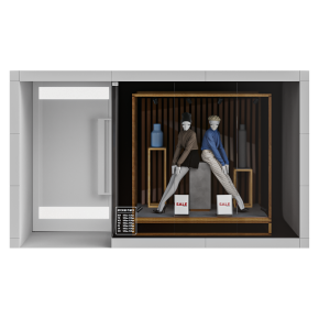 Store window with a female mannequin.