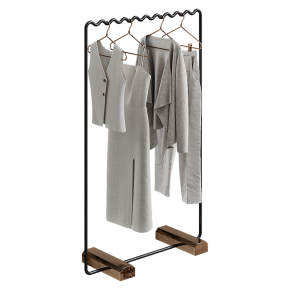Floor-standing clothes rack with women's clothing.