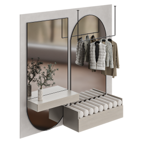 An entryway with mirrors and a wall-mounted cabinet.