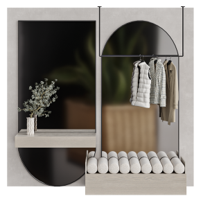 An entryway with mirrors and a wall-mounted cabinet.
