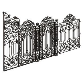 Decorative wrought-iron gates and wicket gates.