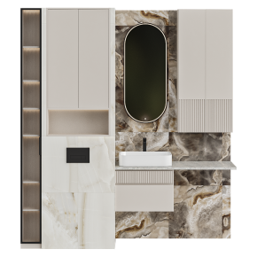 Stone-and-wood bathroom furniture with an illuminated mirror