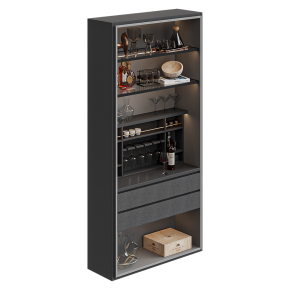 Bar cabinet with glassware and decor
