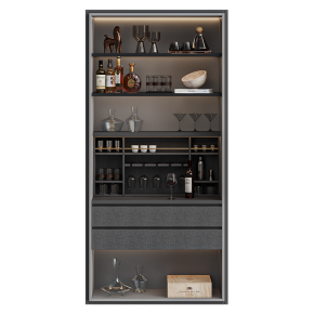 Bar cabinet with glassware and decor