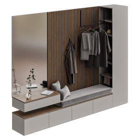Gray entryway with a pouf and a mirror.