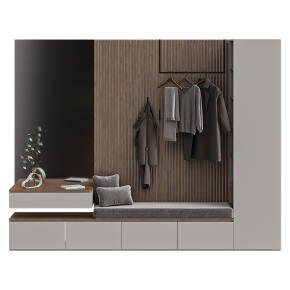 Gray entryway with a pouf and a mirror.