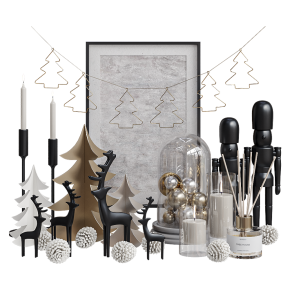 Christmas-themed decorative interior set with a painting.