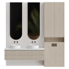Wooden bathroom design with two sinks.