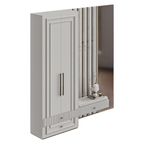 Neoclassical-style entryway with hooks, a shoe cabinet, and a mirror No. 1.