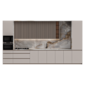 Кухня бежевая с каменным фартуком