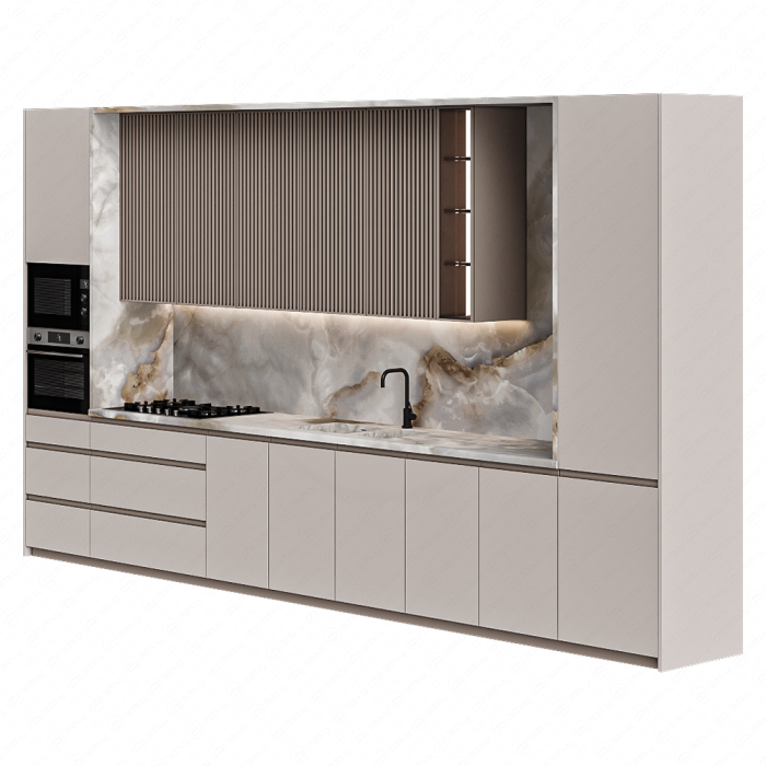 Кухня бежевая с каменным фартуком Кухня бежевая с каменным фартуком