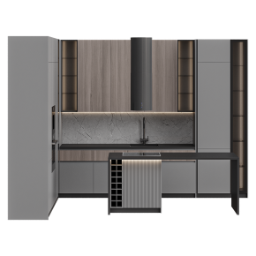 Кухня из темного дерева с техникой и островом