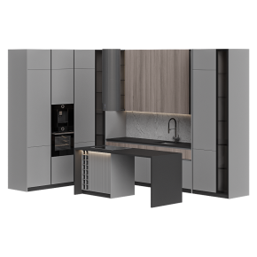 Кухня из темного дерева с техникой и островом