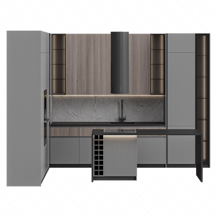 Кухня из темного дерева с техникой и островом