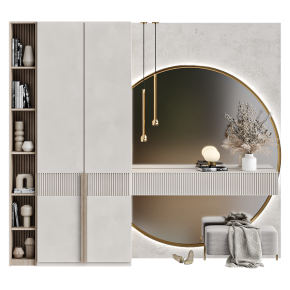 The hallway is light gray with a large round mirror.