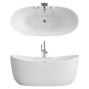 WoodBridge freestanding bathtub with hydromassage.