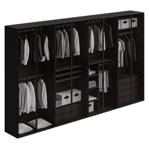 Black wardrobe with glass doors.