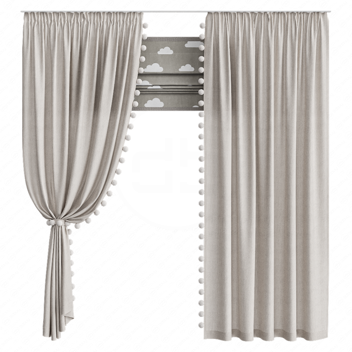 Шторы в детскую коричневые с помпонами Шторы в детскую коричневые с помпонами