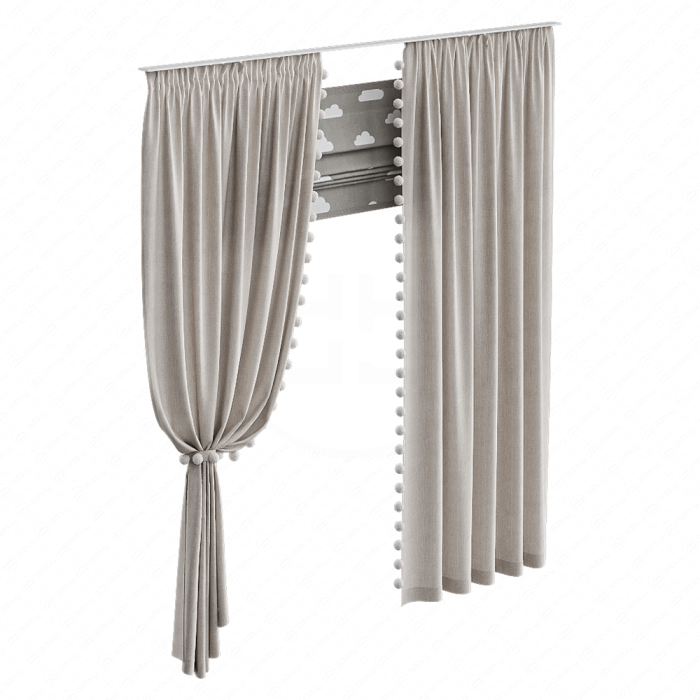 Шторы в детскую коричневые с помпонами Шторы в детскую коричневые с помпонами