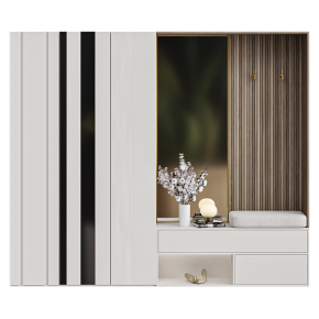 Walk-in closet with a mirror and a vase.