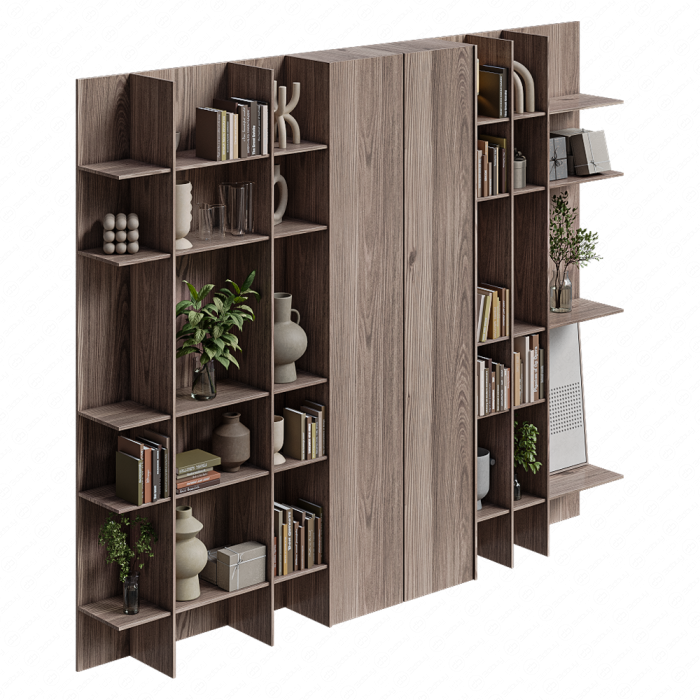 Стеллаж из дерева с книгами и растениями