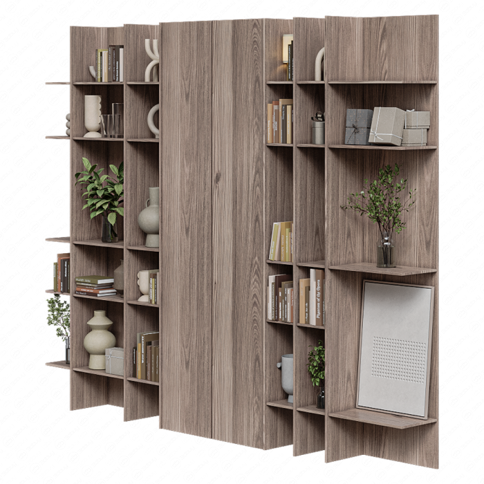 Стеллаж из дерева с книгами и растениями